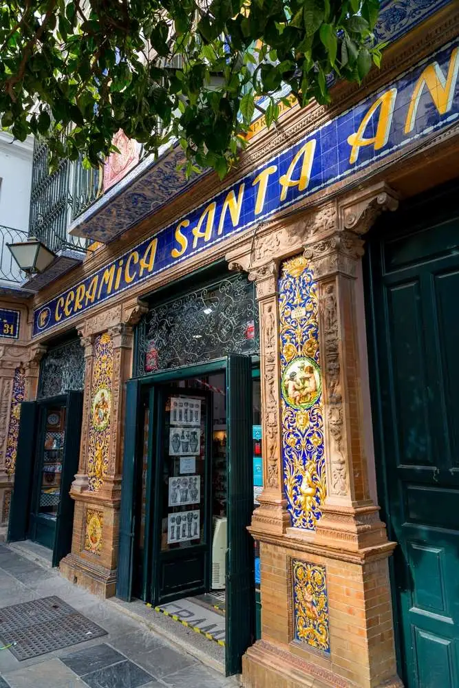 Seville, Spain-FEB 24, 2022: Traditional Sevillian ceramic shops in the old district of Triana.